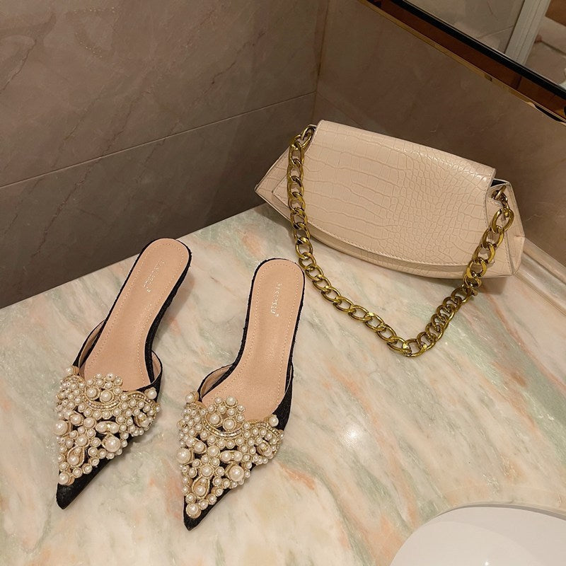 Beaded Pearl Lace Pointed Toe Stiletto Heel