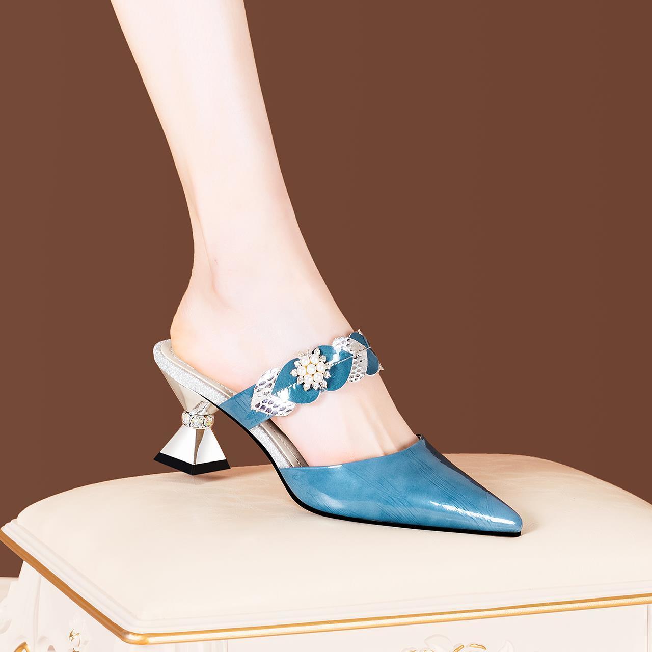 Pointed-toe Rhinestone High-heeled Sandals And Slippers Pearl Outer Wear Lazy Drag