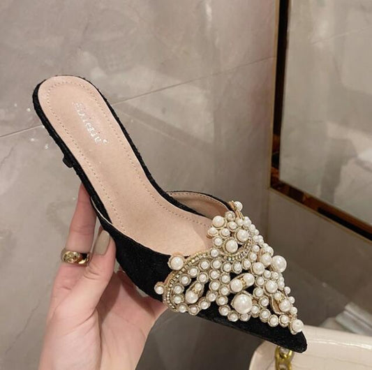 Beaded Pearl Lace Pointed Toe Stiletto Heel