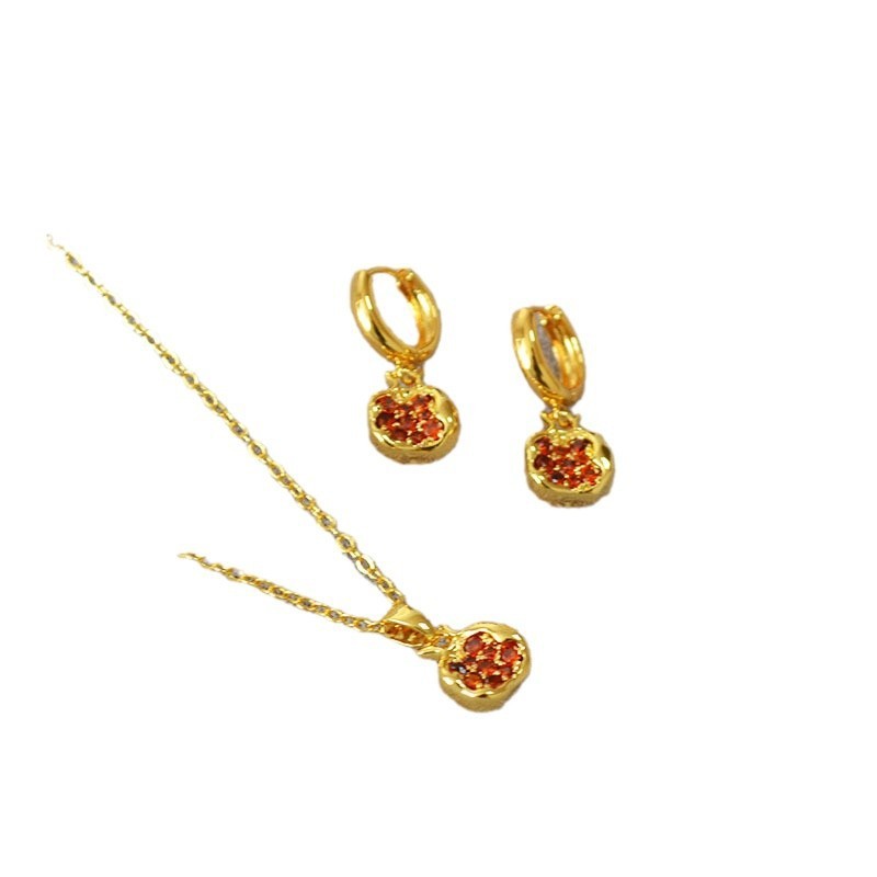 Simple Brass Gold-plated Red Pomegranate Necklace Earrings