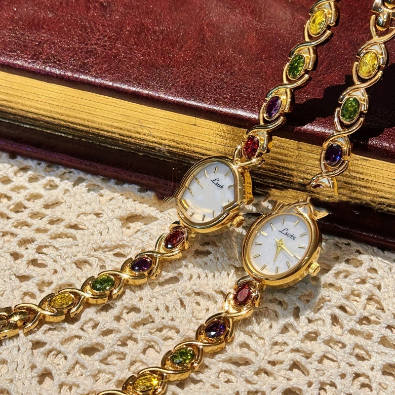 New Mid-ancient Fashion Oval Colored Gems Rainbow Women's Watch