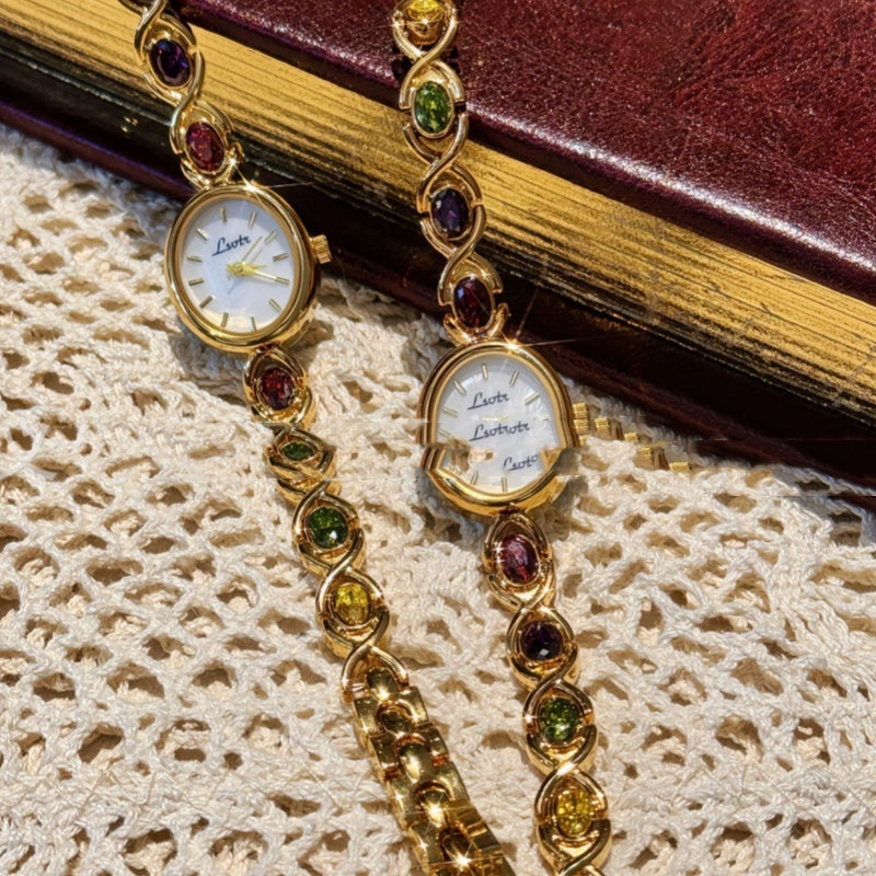 New Mid-ancient Fashion Oval Colored Gems Rainbow Women's Watch