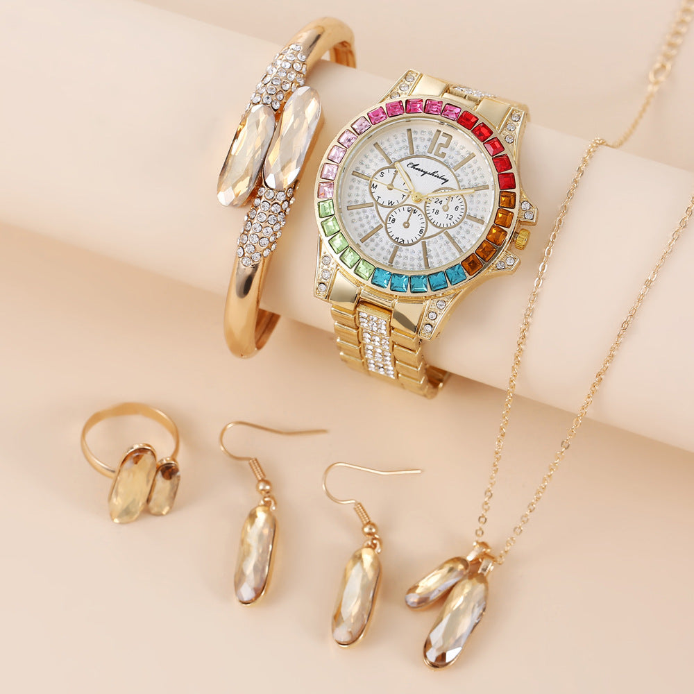 Green Steel Belt Quartz Watch Ring Necklace Earrings Suit