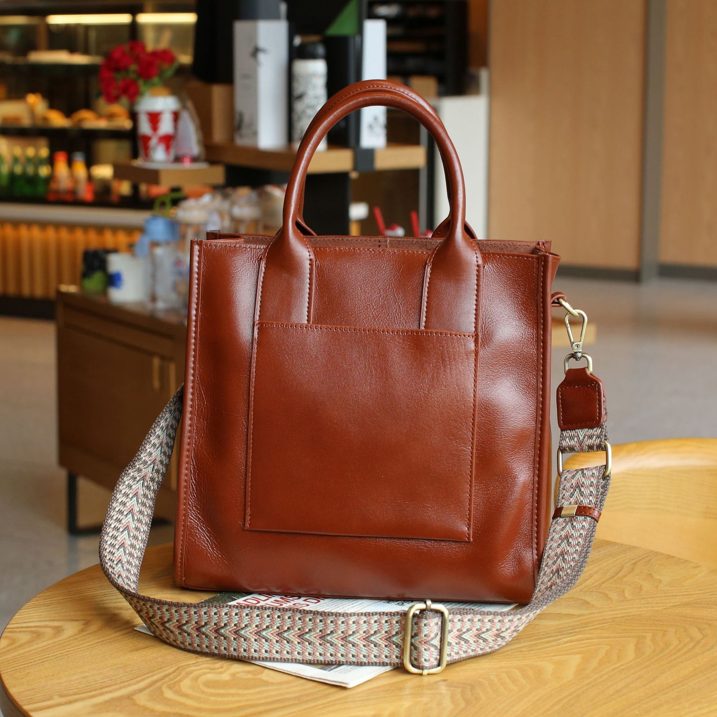Women's Crossbody Vegetable Tanning Leather Single Shoulder Wide Strap Ribbon Vertical Square Bag