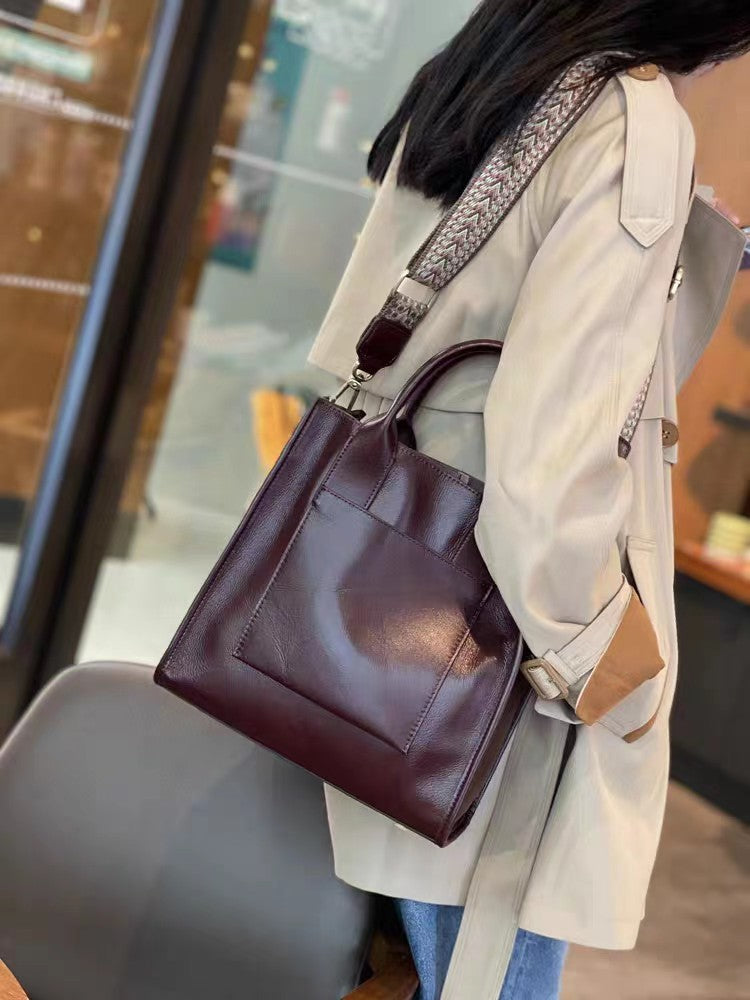 Women's Crossbody Vegetable Tanning Leather Single Shoulder Wide Strap Ribbon Vertical Square Bag