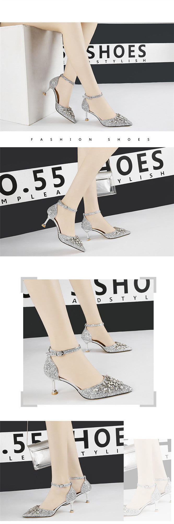 European And American Sexy Pointed Toe Rhinestone High Heels