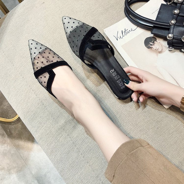 Polka Dot Mesh Outer Wear Flat Slippers