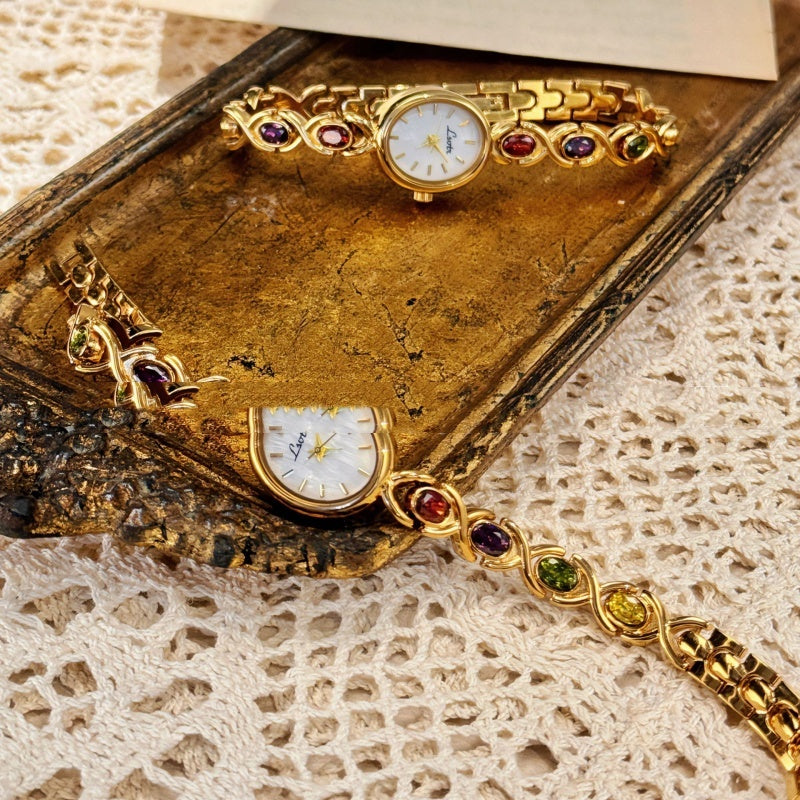 New Mid-ancient Fashion Oval Colored Gems Rainbow Women's Watch