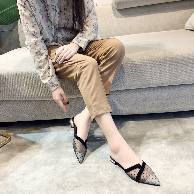 Polka Dot Mesh Outer Wear Flat Slippers
