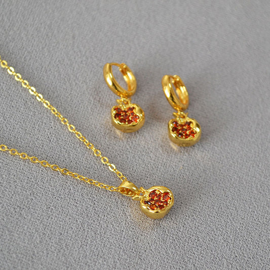 Simple Brass Gold-plated Red Pomegranate Necklace Earrings
